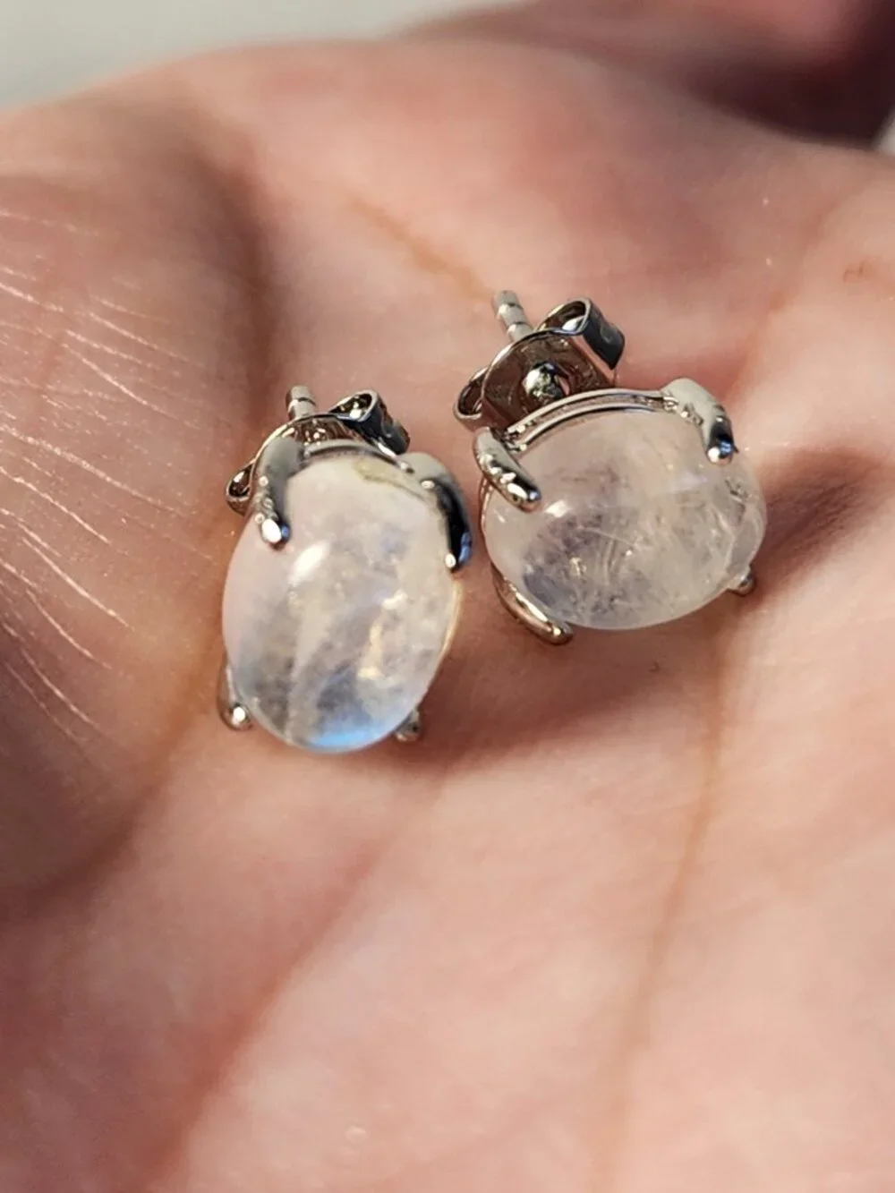 VTG NIB 925 Natural Clear Blue Fire Rainbow Moonstone Stud Earrings My Last One - Picture 3 of 14